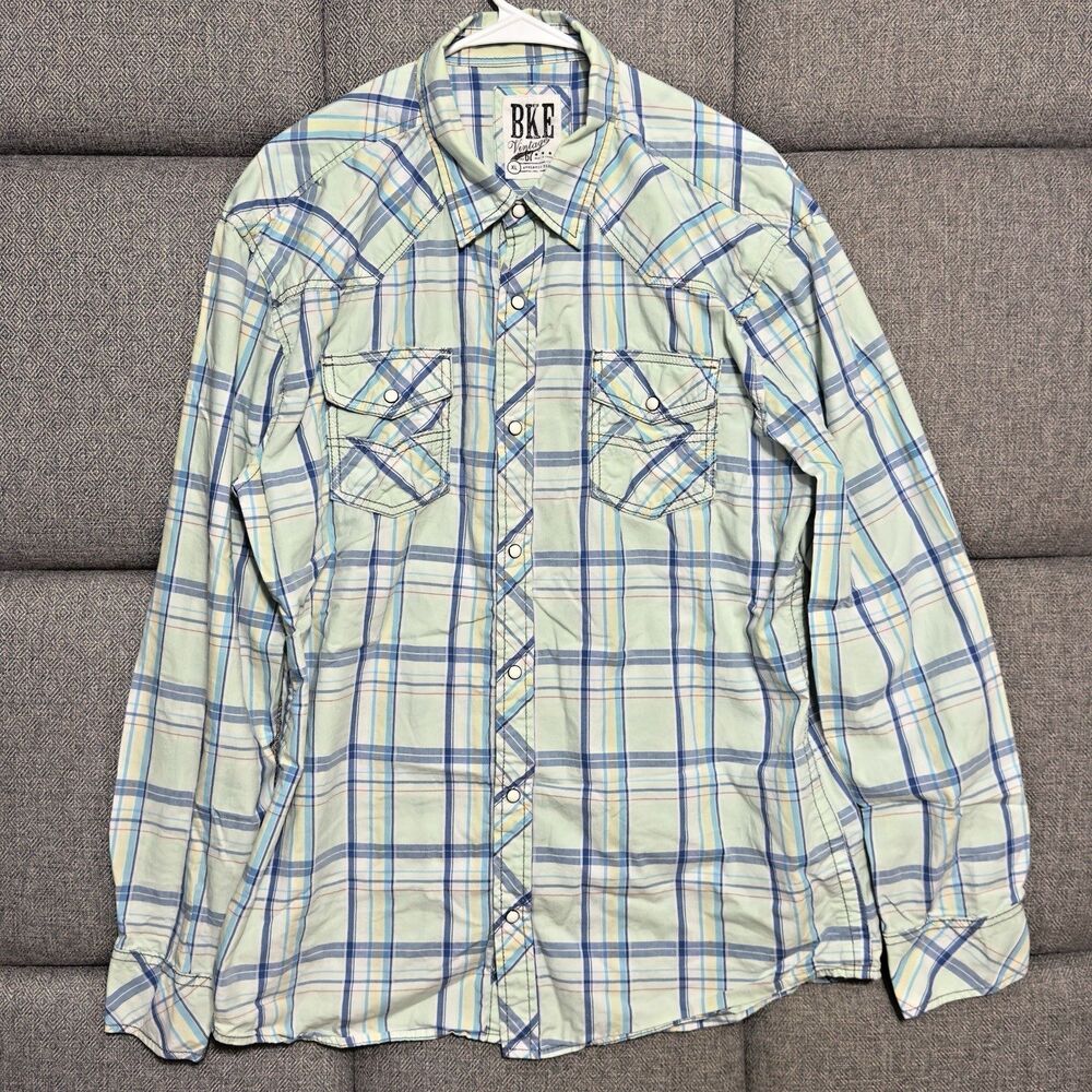 Mens BKE Vintage 67 Full Throttle Plaid Pearl Snap Western Shirt XL ~‎ Buckle
